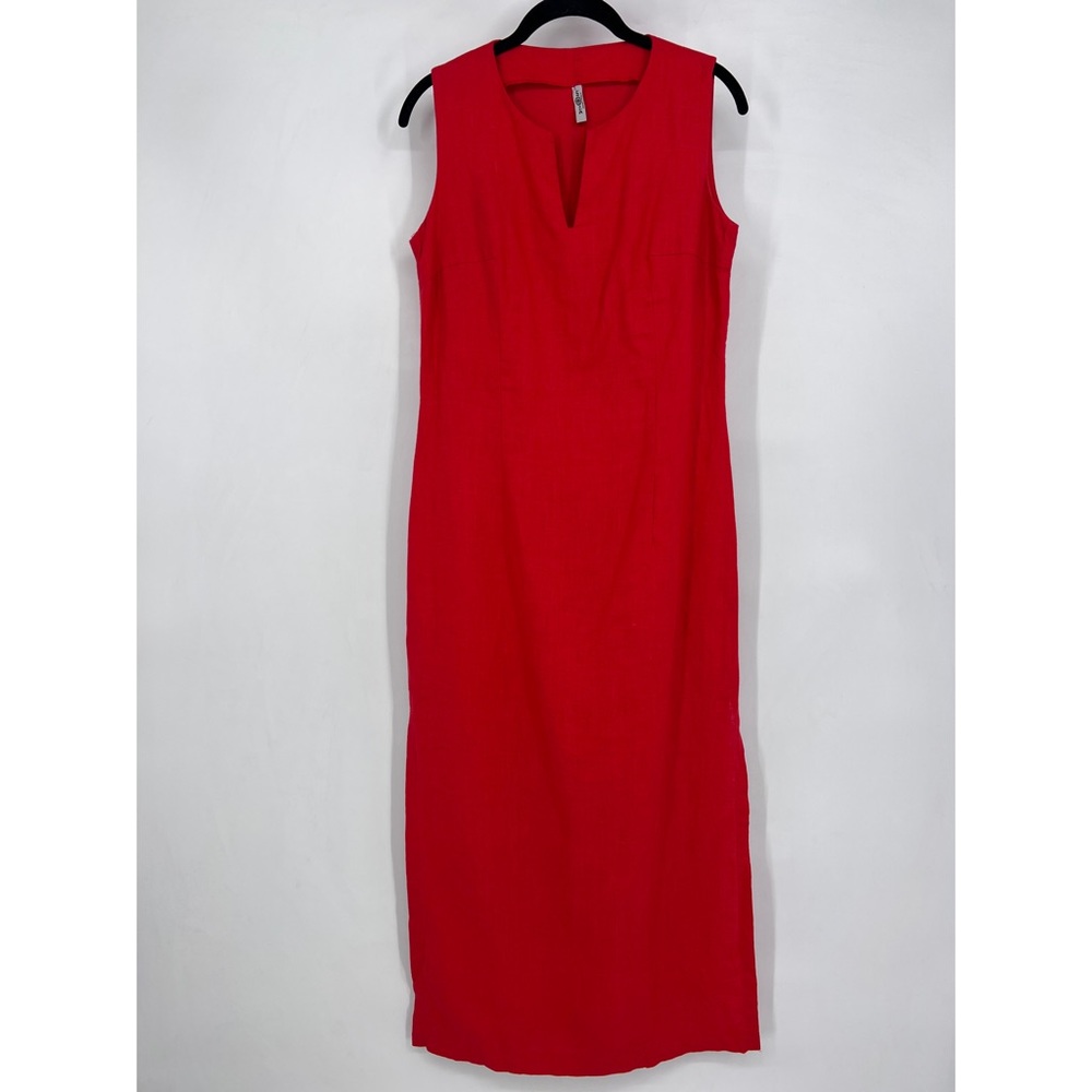 Red Linen Maxi Dress Sleeveless V Neck